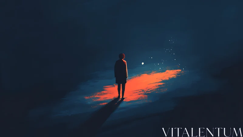 Solitary human figure stands on illuminated ground in darkness
