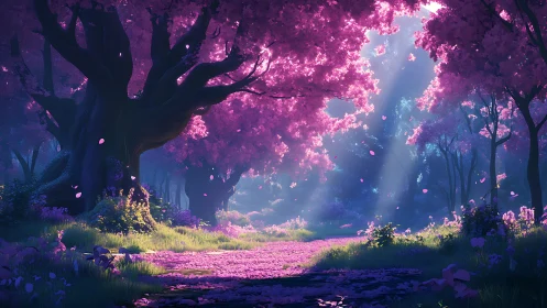 Luminous Forest Path Through Magenta Bloom.
