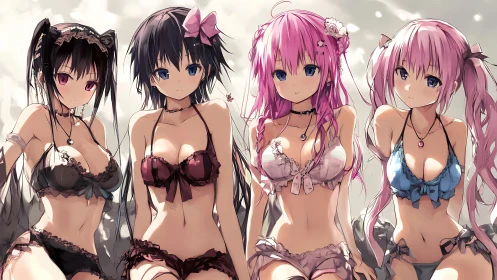 Symmetrical anime quartet rendered in high-detail lingerie styling