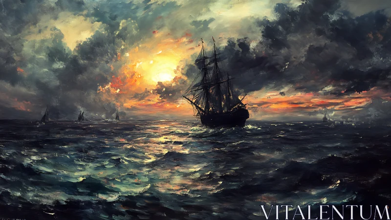 Storm-lit tall ship crosses a dramatic burning horizon.