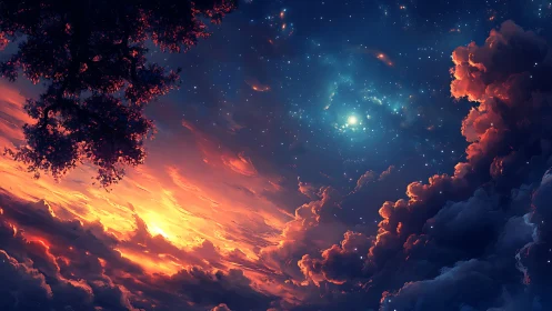 Stellar twilight sky over glowing clouds and silhouetted tree.