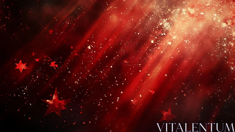 Abstract Red Starry Background with Light Rays and Sparkles.