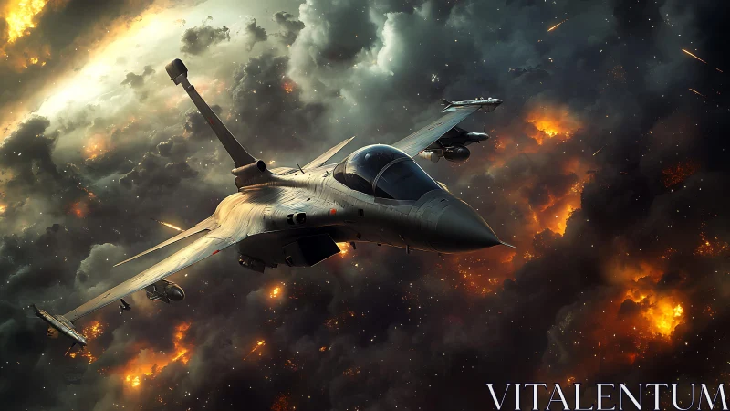 Futuristic strike fighter slicing through fiery storm clouds.