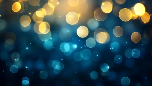 Abstract bokeh lights in blue and gold, soft dreamy digital art.