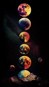 Stacked multicolored moons aligned above mountain ridge.