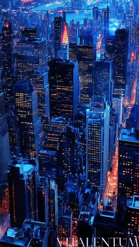 Neon blue skyscrapers glow above a sleepless electric city