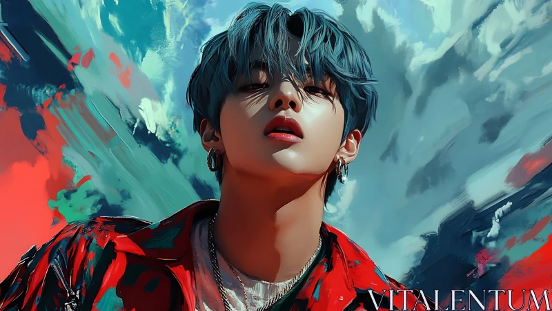 Cool blue haired rebel framed by bold painted skies.