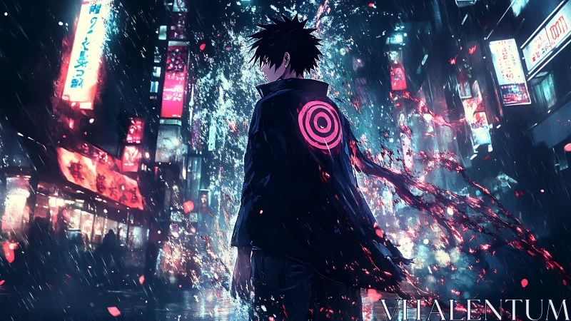 Lone cyberpunk figure walks through neon soaked city rain.