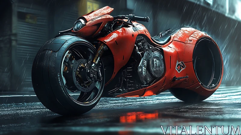 Hydrodynamic cyberbike with hubless rear wheel in rainfall.