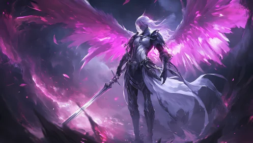 Radiant winged warrior bathing a stormy sky in violet light.