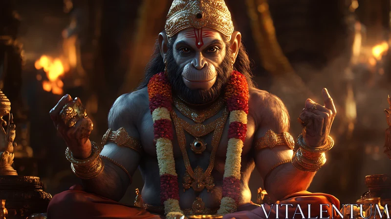 Radiant monkey deity resting in golden temple glow.