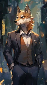 Anthropomorphic wolf executive rendered in urban digital painting