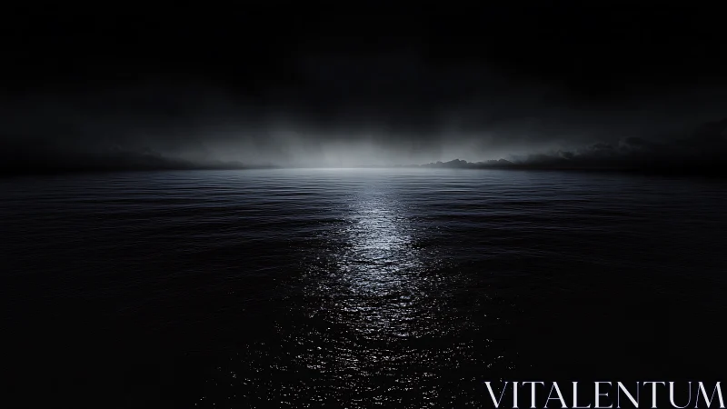 Dark ocean horizon under faint distant light source.