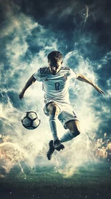 Soccer player in midair kick amid smoky stadium lights.