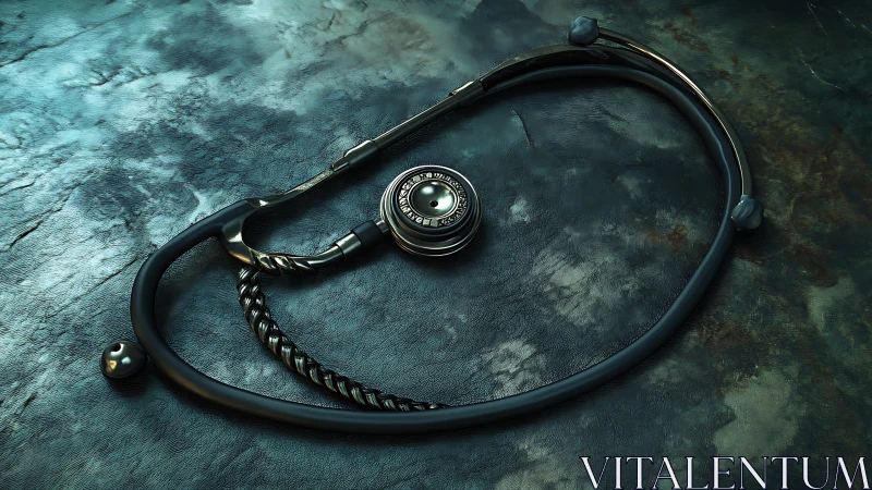High-contrast 3D render of braided-tube stethoscope on patina steel