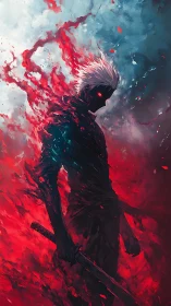 Dark swordsman in red energy storm stands in profile.