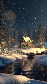 Snowy forest cabin beside river under falling night snow.