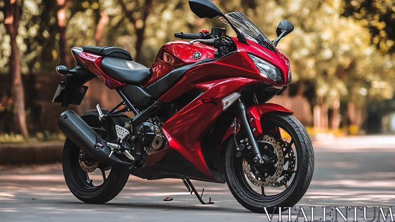 Red sport motorcycle stands poised for an urban street ride