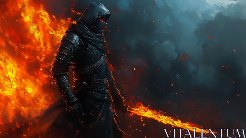 Fiery hooded warrior strolling through swirling ember storm.