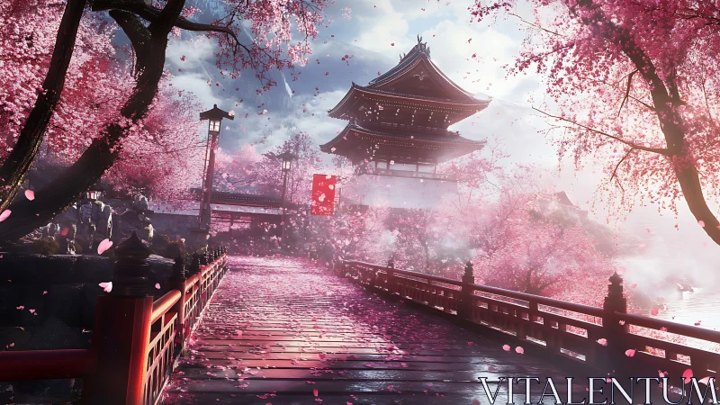 Cherry blossom bridge dreaming toward a mountain temple.