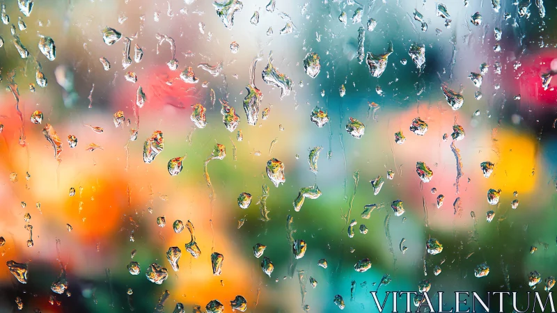 Raindrops on glass with blurred multicolored background.