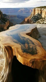 Surreal wooden plateau pool above layered desert canyon.