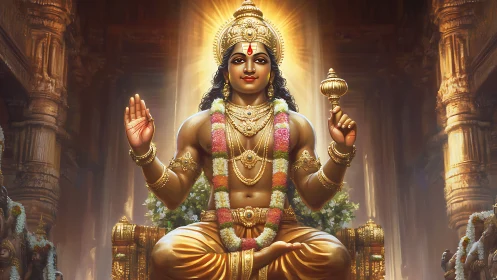 Golden Hindu deity statue seated in ornate temple hall.