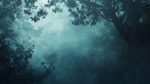 Misty Forest Canopy Wrapped in Dreamy Teal Light