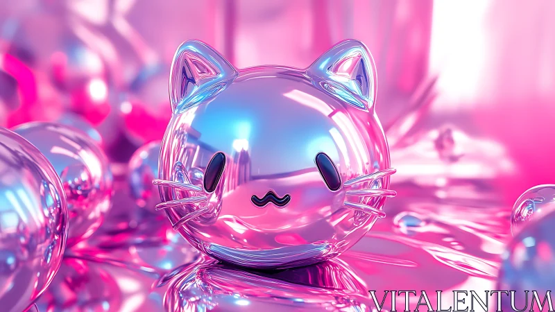 Chromed spherical cat avatar reflects neon pink-blue bokeh field