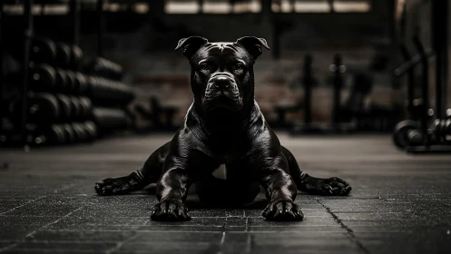 Powerful black pit bull in low-key gym environment portrait.