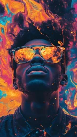 Neon portrait with molten reflections and chromatic flame field.