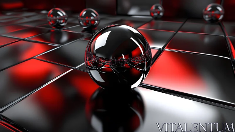 Chromed reflective spheres on red-black tiled surface.