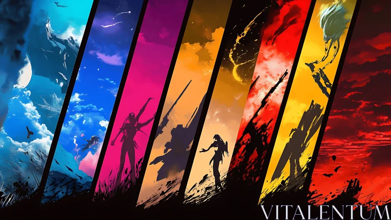 Segmented fantasy silhouettes against multicolor sky bands.