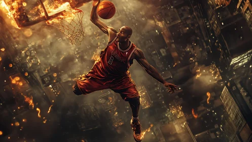 Soaring streetball legend rises through a blazing city sky.