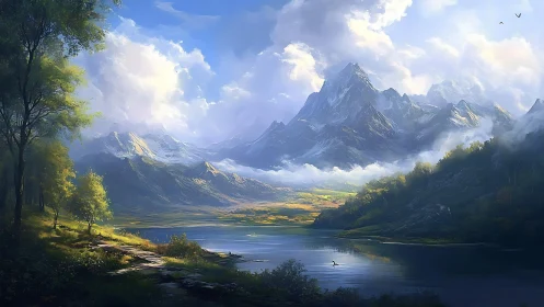 Mountain lake landscape with trees, clouds, and distant peaks.