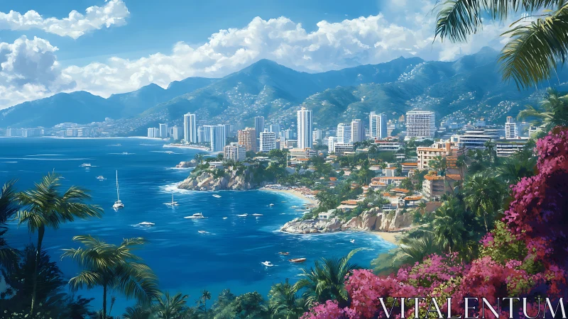 Coastal city skyline framed by mountains and foliage.