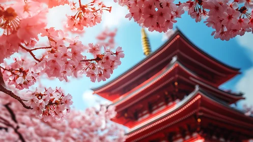 Cherry blossoms frame defocused five-story pagoda in bright daylight