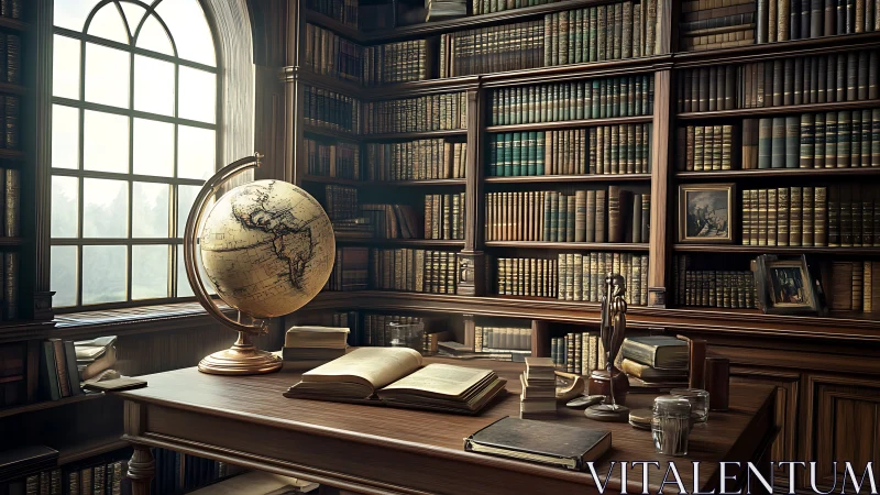 Wood-paneled library interior shows globe, books, and desk