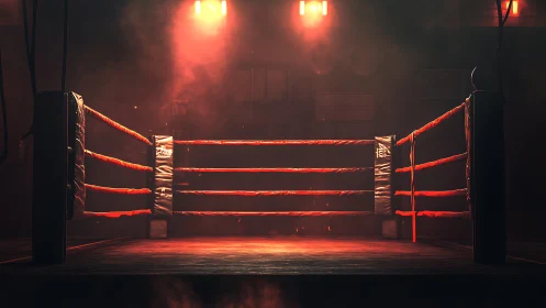 Boxing ring interior with red rope and dramatic overhead lighting.