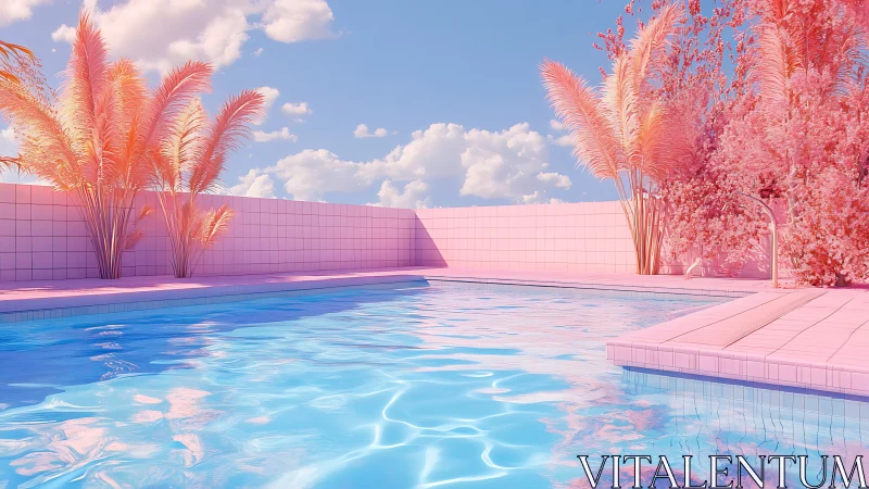 Digital render shows tiled pink pool with stylized foliage