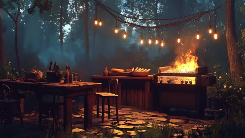 Digital twilight forest grillscape with cinematic warm lighting.