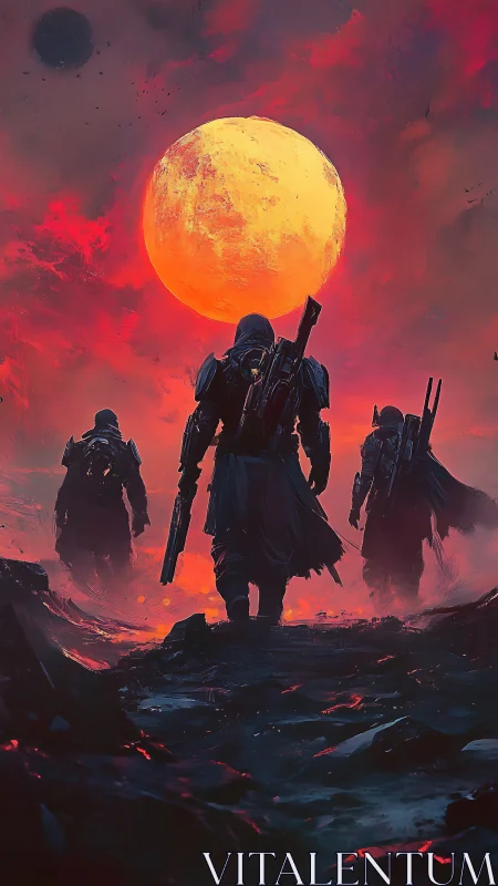 Bold space wanderers stride toward a blazing alien sun