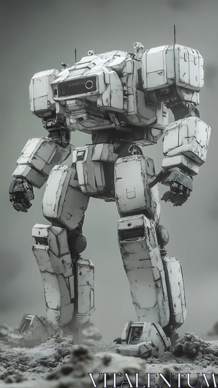 Heavily armored white combat mech amid desaturated ruins.