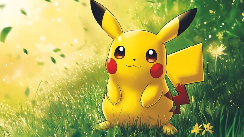 Pikachu rests in a glowing meadow bathed in golden light