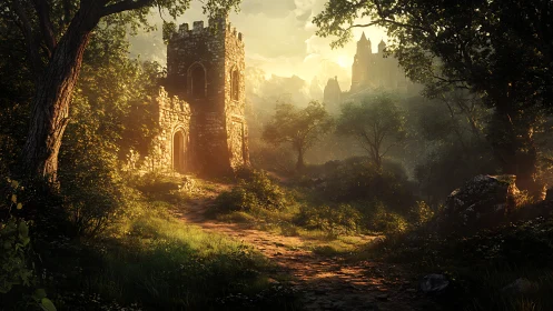 Sunlit forest tower overlooks distant misty castle ruins.