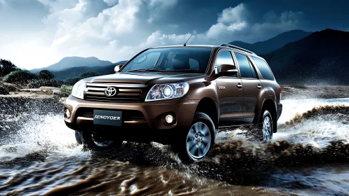 Storm-chasing bronze SUV carving rivers under thunderclouds.
