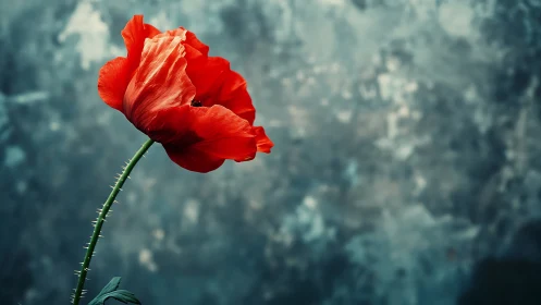 Radiant red poppy leans gently against a dreamy blue haze