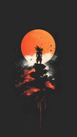 Silhouetted warrior drinks in a molten orange moonrise