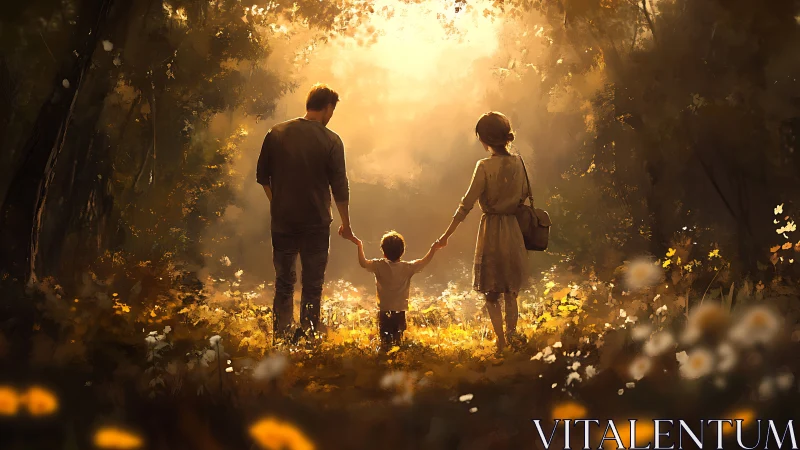 Family Group Walking Through Forest Path with Golden Atmospheric Lighting