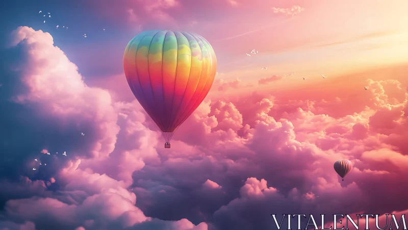 Rainbow hot air balloon drifting through dreamy sunset clouds.